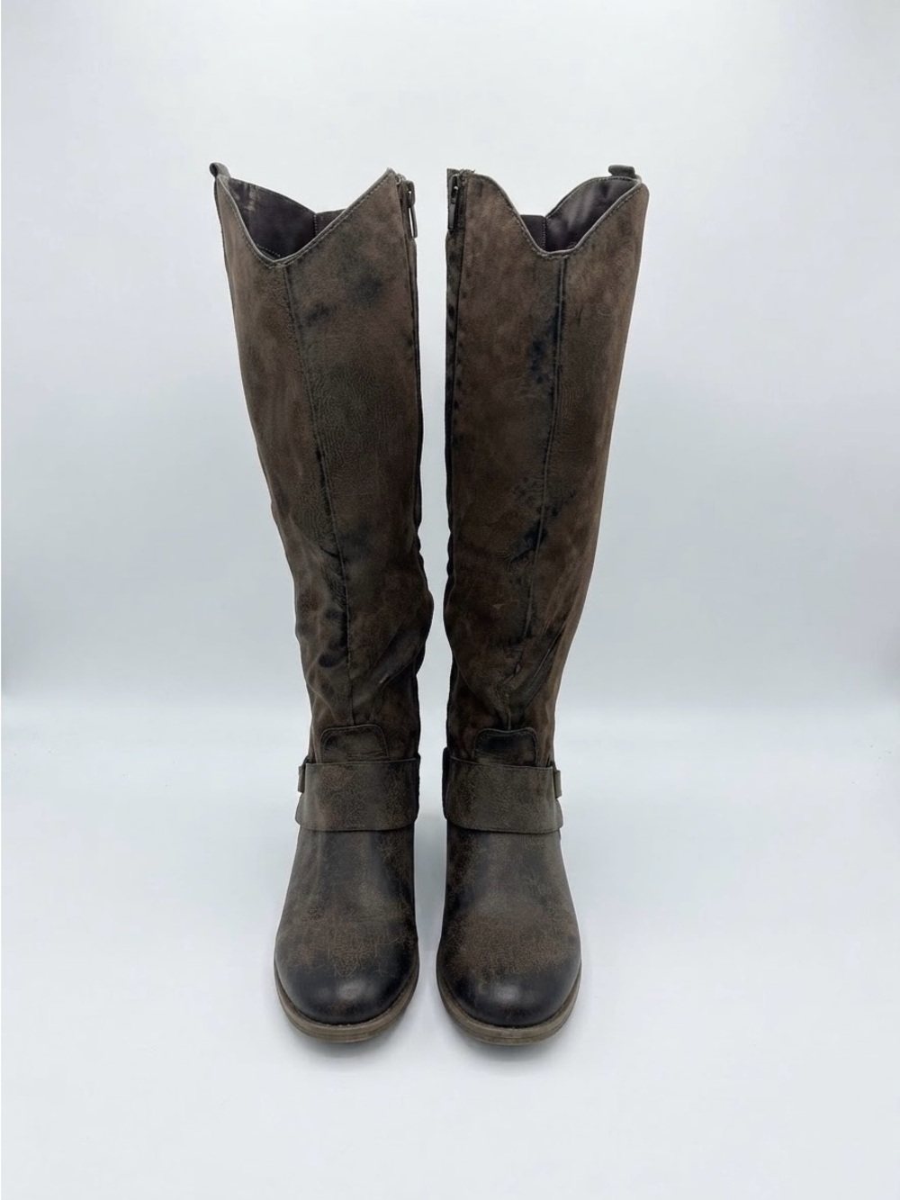 Fur Brudie Distressed Brown Knee-High Boots (Size 7 1/2 M Bride) Buckle Side Zip